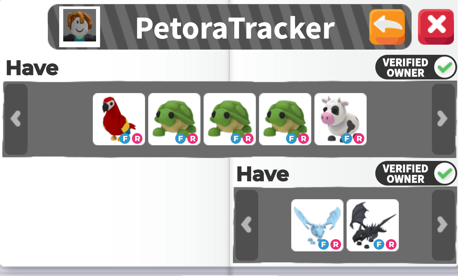 A correct Petora submission: the full Adopt Me profile in one shot with the username visible at the top